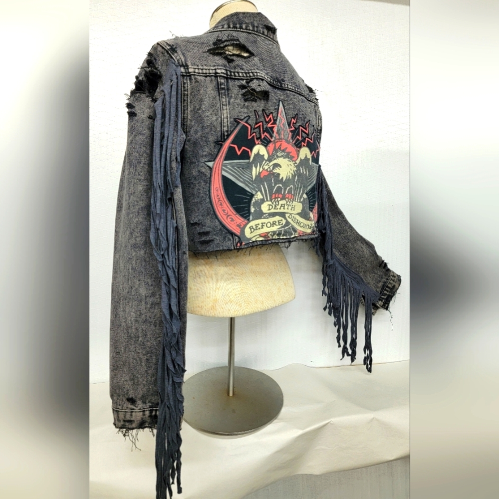 Rock Gothic Jean Jacket With Ed Hardy Eagle Graphics Upcycled Renewed - Picture 4 of 12